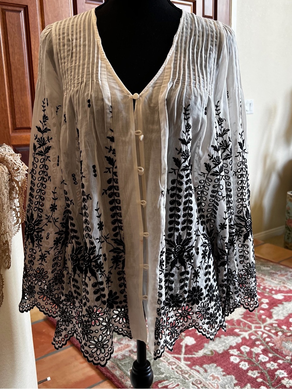 Johnny Was White Button-Front Blouse with Black Floral Embroidery